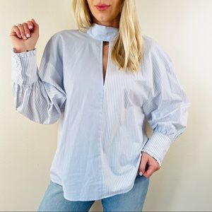 New Zara striped high collar poplin long sleeve front opening back tie blouse